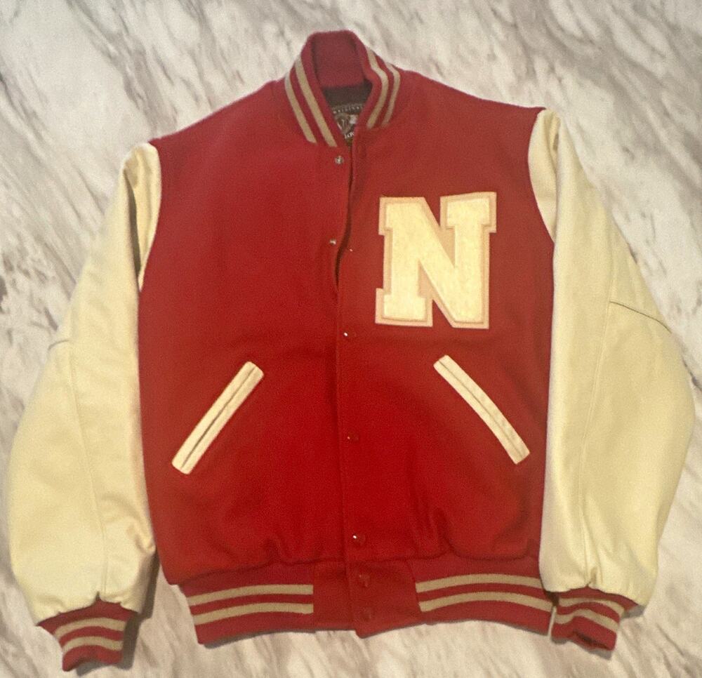 Vintage Holloway Mens M Red/Beige Varsity Nebraska Letterman Jacket Snap Button